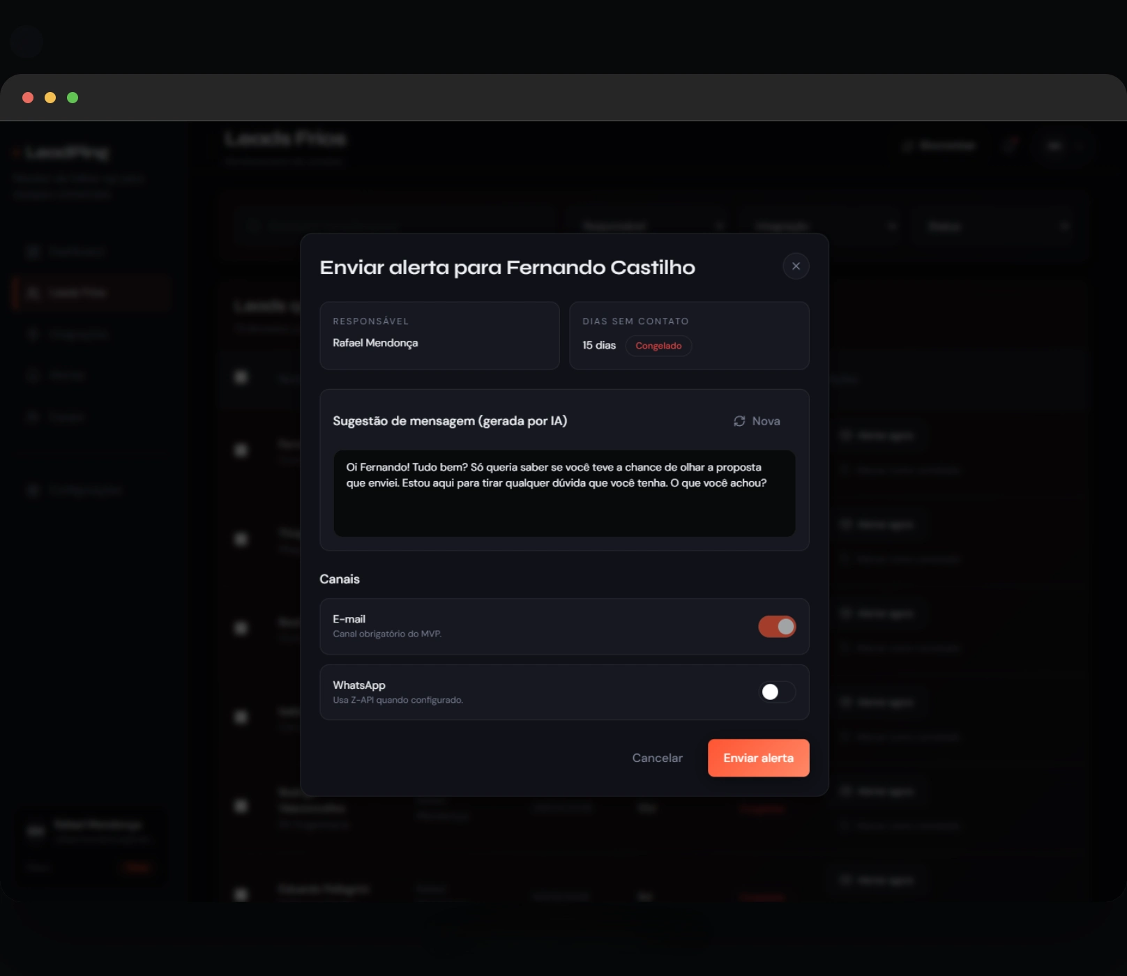 Modal de inteligência artificial gerando mensagem personalizada de follow-up